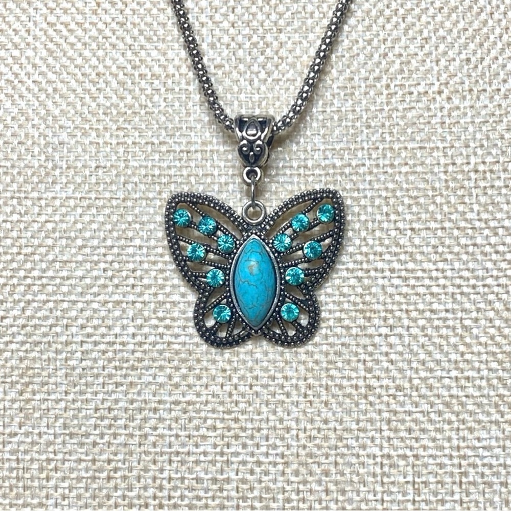 Silver Butterfly Pendant Necklace W/ Sparkling Rhinestones & Teal Howlite - Picture 4 of 4